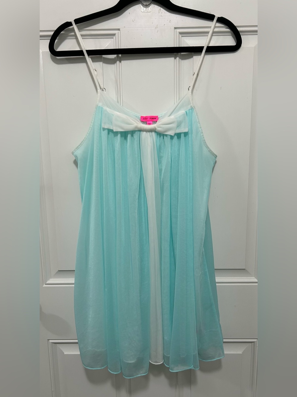 Betsey Johnson Aqua and White Sheer Bow-Front Chemise